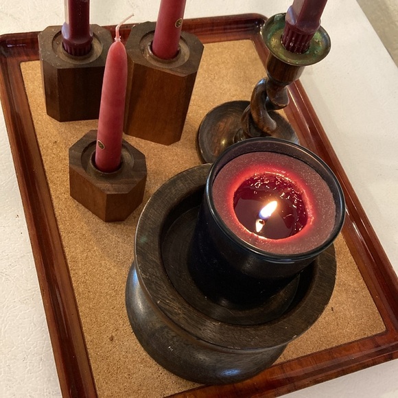 Assorted Other - Set/5 Dark Candle Holders 3 Dark Walnut Stacking, 2 Hand Turned Candles decor